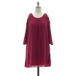 3/4 Sleeve Chiffon Cold Shoulder Dress - Oxblood
