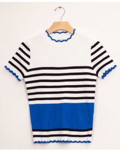 Stripe Scallop Crew Neck Sweater - Blue