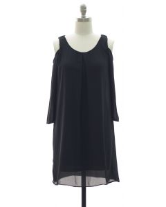 3/4 Sleeve Chiffon Cold Shoulder Dress - Black